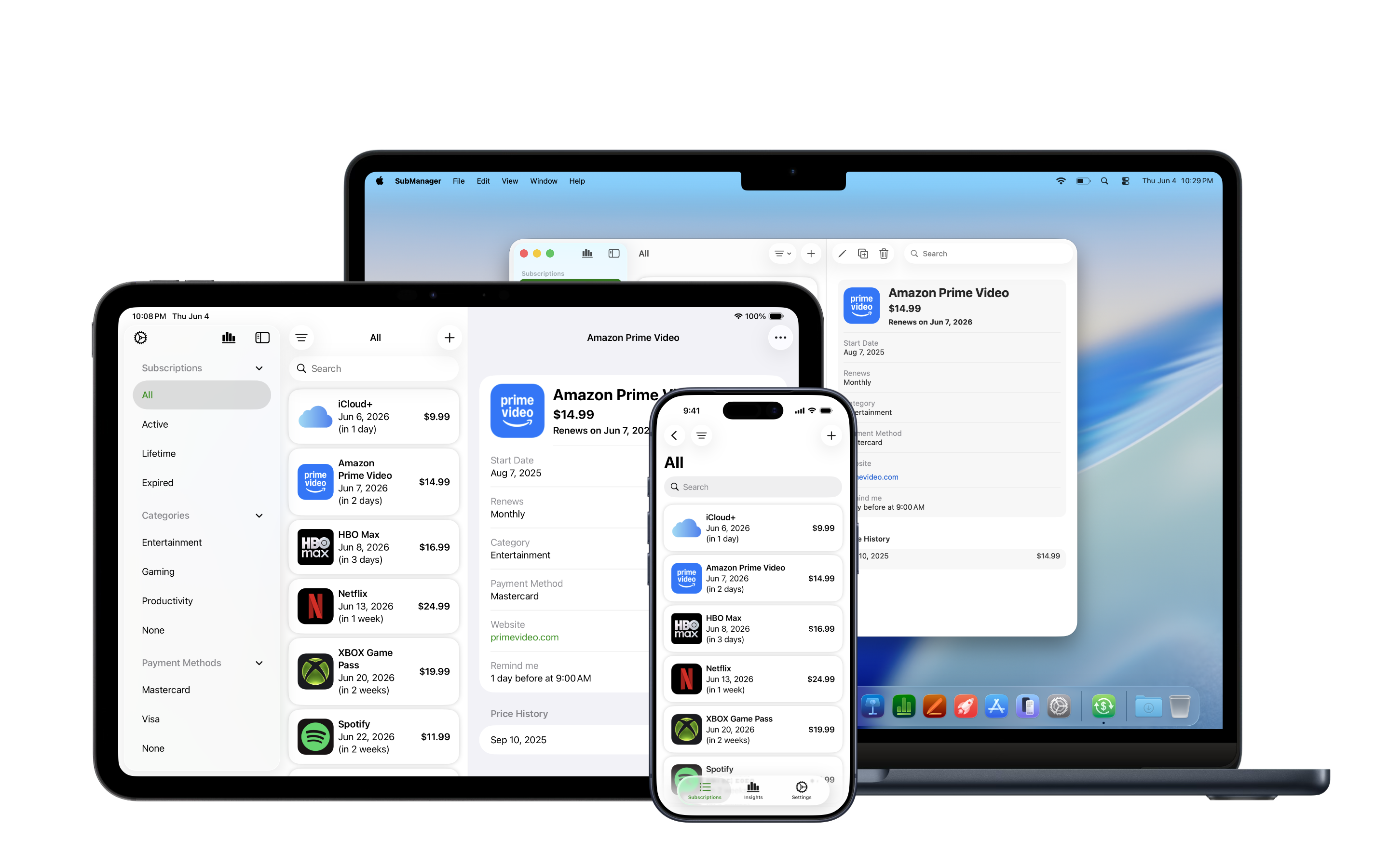 SubManager running on Mac, iPad and iPhone
